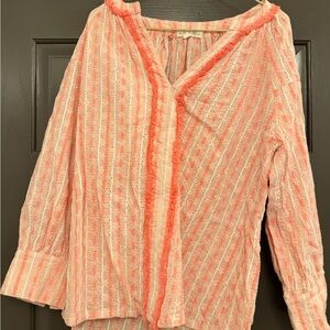 Free the Roses Coral Eyelet V-Neck Blouse with Fringe Trim